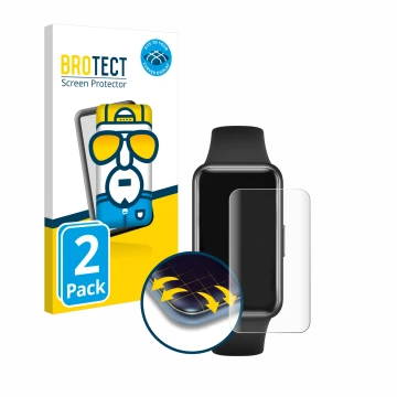Front side of a product packaging with the brand logo BROTECT. Next to it is the device Huawei Band 7 shown with the correspon