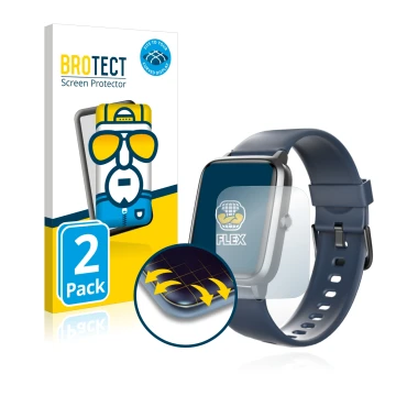 Front side of a product packaging with the brand logo BROTECT. Next to it is the device Hama Fit Watch 4900 shown with the cor