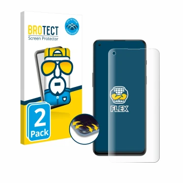 Front side of a product packaging with the brand logo BROTECT. Next to it is the device OnePlus Nord 2T 5G shown with the corr