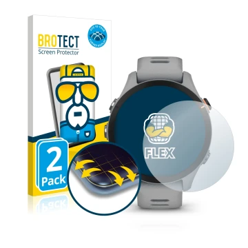Front side of a product packaging with the brand logo BROTECT. Next to it is the device Garmin Forerunner 255S shown with the 