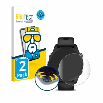 Front side of a product packaging with the brand logo BROTECT. Next to it is the device Garmin Forerunner 255 Music shown with