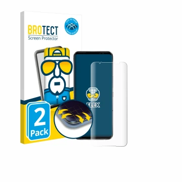 Front side of a product packaging with the brand logo BROTECT. Next to it is the device ASUS ROG Phone 6 shown with the corres