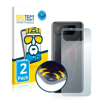 Front side of a product packaging with the brand logo BROTECT. Next to it is the device ASUS ROG Phone 6 (Back) shown with the