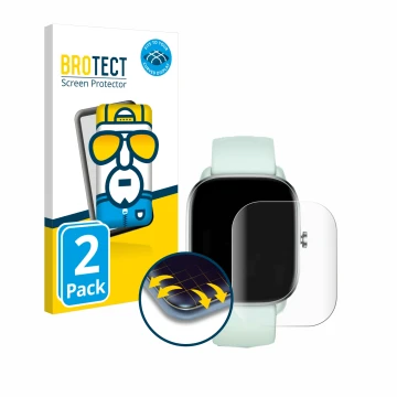 Front side of a product packaging with the brand logo BROTECT. Next to it is the device Huami Amazfit GTS 4 Mini shown with th