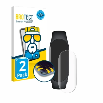 Front side of a product packaging with the brand logo BROTECT. Next to it is the device Xiaomi Smart Band 7 shown with the cor