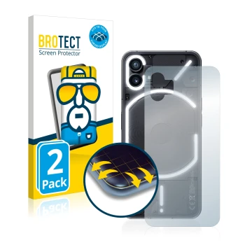 Front side of a product packaging with the brand logo BROTECT. Next to it is the device Nothing Phone (1) (Back) shown with th