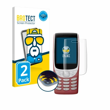 Front side of a product packaging with the brand logo BROTECT. Next to it is the device Nokia 8210 4G shown with the correspon