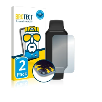 Front side of a product packaging with the brand logo BROTECT. Next to it is the device Huami Amazfit Band 7 shown with the co