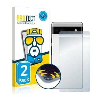 Front side of a product packaging with the brand logo BROTECT. Next to it is the device Google Pixel 6a (Back) shown with the 