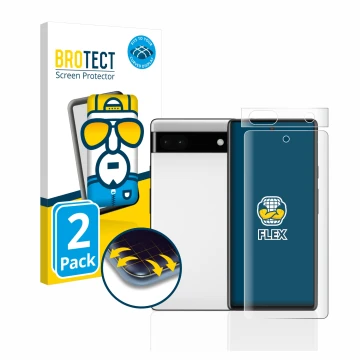 Front side of a product packaging with the brand logo BROTECT. Next to it is the device Google Pixel 6a (Front+Camera) shown w