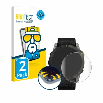 Front side of a product packaging with the brand logo BROTECT. Next to it is the device Garmin Enduro 2 shown with the corresp