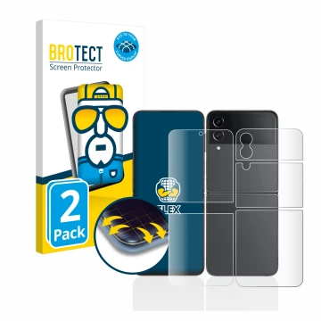 Front side of a product packaging with the brand logo BROTECT. Next to it is the device Samsung Galaxy Z Flip 4 (Front+Back) s