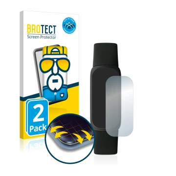 Front side of a product packaging with the brand logo BROTECT. Next to it is the device Fitbit Inspire 3 shown with the corres