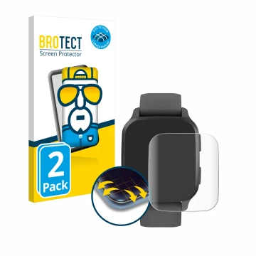 Front side of a product packaging with the brand logo BROTECT. Next to it is the device Garmin Venu Sq 2 shown with the corres