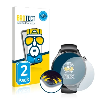 Front side of a product packaging with the brand logo BROTECT. Next to it is the device Xiaomi Watch S1 Pro shown with the cor