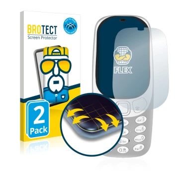 Front side of a product packaging with the brand logo BROTECT. Next to it is the device Nokia 3310 (2017) shown with the corre