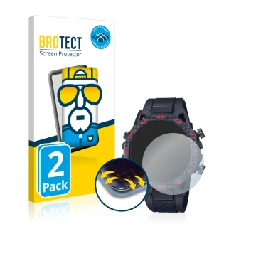 Front side of a product packaging with the brand logo BROTECT. Next to it is the device Casio Edifice ECB 2000 shown with the 