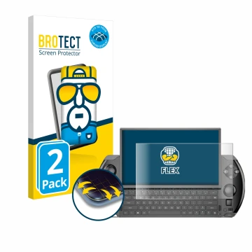 Front side of a product packaging with the brand logo BROTECT. Next to it is the device GPD Win 4 shown with the corresponding