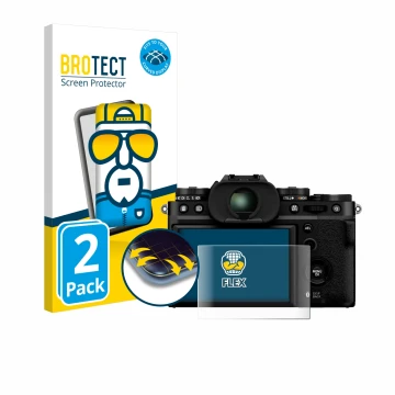 Front side of a product packaging with the brand logo BROTECT. Next to it is the device Fujifilm X-T5 shown with the correspon