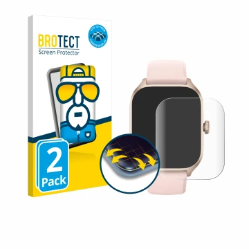 Front side of a product packaging with the brand logo BROTECT. Next to it is the device Huami Amazfit GTS 4 shown with the cor