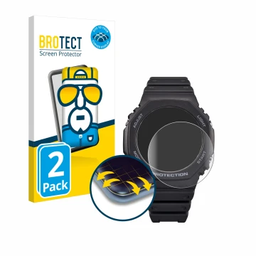 Front side of a product packaging with the brand logo BROTECT. Next to it is the device Casio G-Shock GA-B2100 shown with the 
