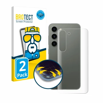 Front side of a product packaging with the brand logo BROTECT. Next to it is the device Samsung Galaxy S23 (Back) shown with t