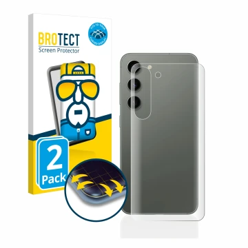Front side of a product packaging with the brand logo BROTECT. Next to it is the device Samsung Galaxy S23 Plus (Back) shown w