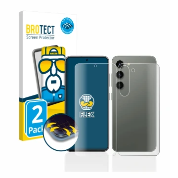 Front side of a product packaging with the brand logo BROTECT. Next to it is the device Samsung Galaxy S23 Plus (Front+Back) s