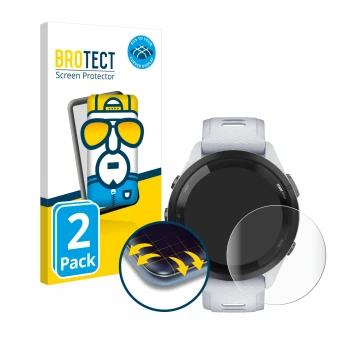 Front side of a product packaging with the brand logo BROTECT. Next to it is the device Garmin Forerunner 265 (46 mm) shown wi