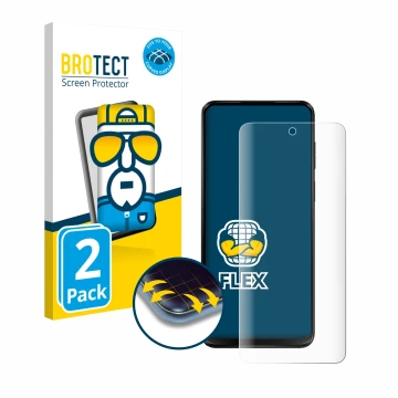 Front side of a product packaging with the brand logo BROTECT. Next to it is the device Motorola Moto G13 shown with the corre