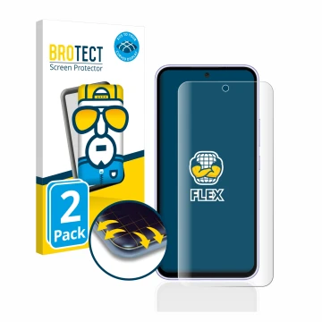 Front side of a product packaging with the brand logo BROTECT. Next to it is the device Samsung Galaxy A54 5G shown with the c