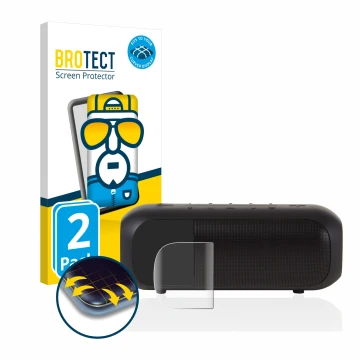 Front side of a product packaging with the brand logo BROTECT. Next to it is the device JBL Tuner 2 shown with the correspondi