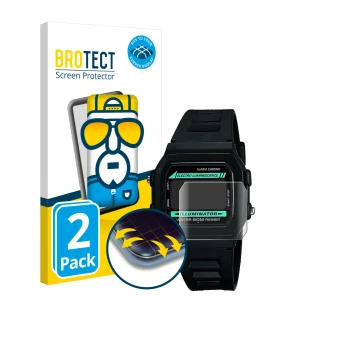Front side of a product packaging with the brand logo BROTECT. Next to it is the device Casio W-86-1VQES shown with the corres