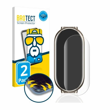 Front side of a product packaging with the brand logo BROTECT. Next to it is the device Xiaomi Mi Band 8 shown with the corres