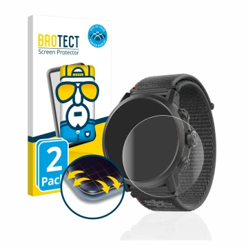 Front side of a product packaging with the brand logo BROTECT. Next to it is the device Coros Apex 2 shown with the correspond