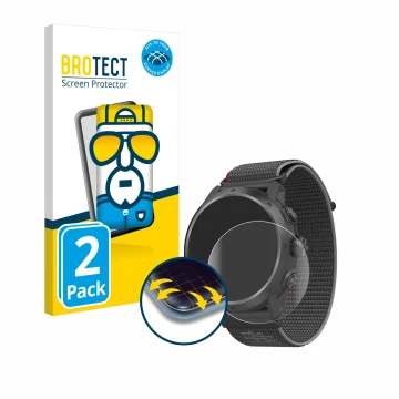 Front side of a product packaging with the brand logo BROTECT. Next to it is the device Coros Apex 2 Pro shown with the corres