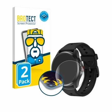Front side of a product packaging with the brand logo BROTECT. Next to it is the device Mobvoi TicWatch Pro 5 shown with the c