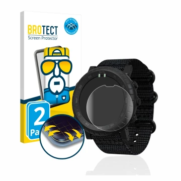 Front side of a product packaging with the brand logo BROTECT. Next to it is the device Suunto Core Alpha shown with the corre