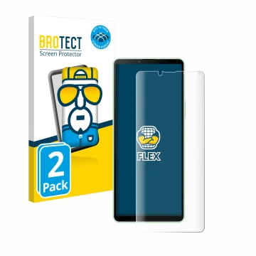 Front side of a product packaging with the brand logo BROTECT. Next to it is the device Sony Xperia 10 V shown with the corres