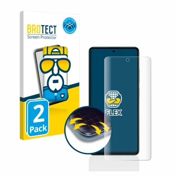 Front side of a product packaging with the brand logo BROTECT. Next to it is the device Xiaomi Poco F5 shown with the correspo