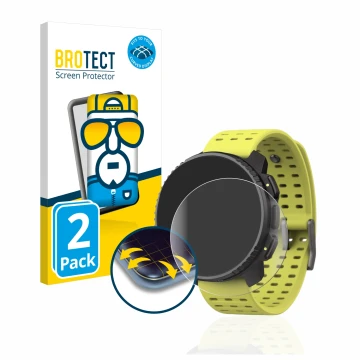 Front side of a product packaging with the brand logo BROTECT. Next to it is the device Suunto Vertical shown with the corresp