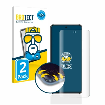 Front side of a product packaging with the brand logo BROTECT. Next to it is the device Oppo Reno 10 Pro shown with the corres