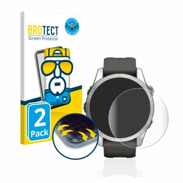 Front side of a product packaging with the brand logo BROTECT. Next to it is the device Garmin Fenix 7S Pro Solar (42 mm) show