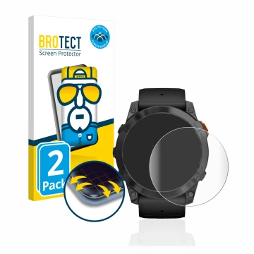 Front side of a product packaging with the brand logo BROTECT. Next to it is the device Garmin Fenix 7X Pro Solar (51 mm) show