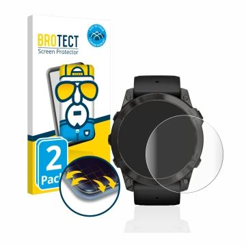 Front side of a product packaging with the brand logo BROTECT. Next to it is the device Garmin Epix Pro (Gen 2) (51 mm) shown 