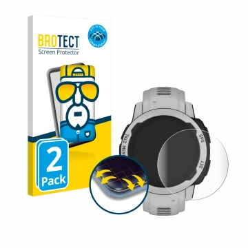 Front side of a product packaging with the brand logo BROTECT. Next to it is the device Garmin Instinct 2S Solar (40 mm) shown