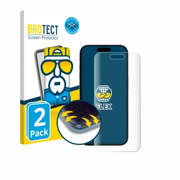 Front side of a product packaging with the brand logo BROTECT. Next to it is the device Apple iPhone 15 shown with the corresp