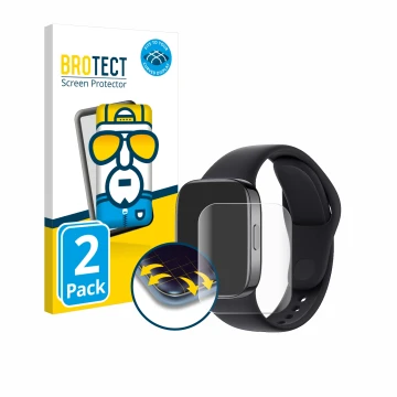 Front side of a product packaging with the brand logo BROTECT. Next to it is the device Xiaomi Redmi Watch 3 shown with the co