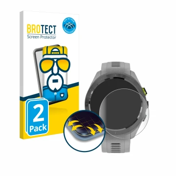 Front side of a product packaging with the brand logo BROTECT. Next to it is the device Garmin Approach S70 (42 mm) shown with