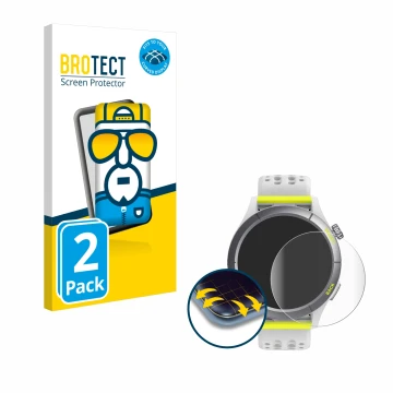 Front side of a product packaging with the brand logo BROTECT. Next to it is the device Huami Amazfit Cheetah shown with the c